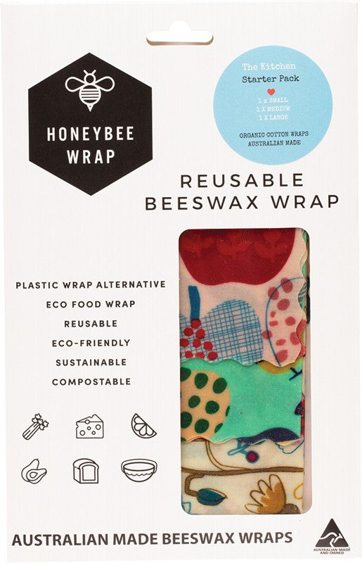 HONEYBEE WRAP Reusable Beeswax Wrap  Kitchen Starter Pack - S,M & L 3