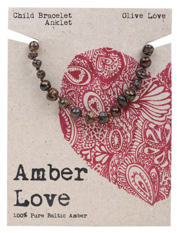 AMBER LOVE Children's Bracelet/Anklet  100% Baltic Amber - Olive Love 14cm