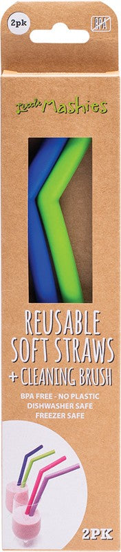 LITTLE MASHIES Reusable Soft Silicone Straws  Blue & Green + Cleaning Brush 2