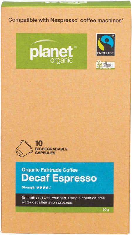 PLANET ORGANIC Coffee Capsules - Biodegradable  Organic - Decaf Espresso 10
