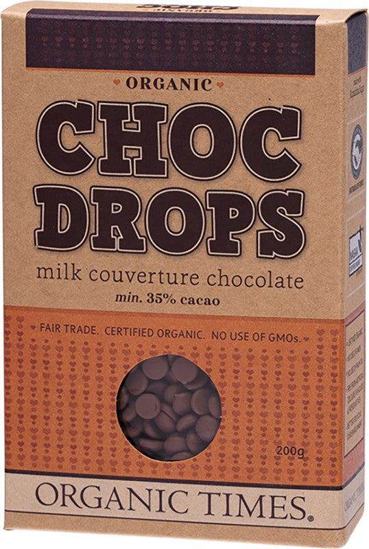ORGANIC TIMES Choc Drops  Milk Couverture Drops 200g