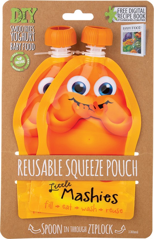 LITTLE MASHIES Reusable Squeeze Pouch  Pack Of 2 - Orange 2x130ml