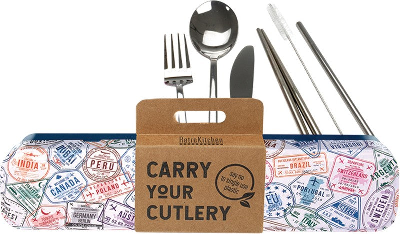 RETROKITCHEN Carry Your Cutlery - Passport Stamps  Stainless Steel Cutlery Set 1