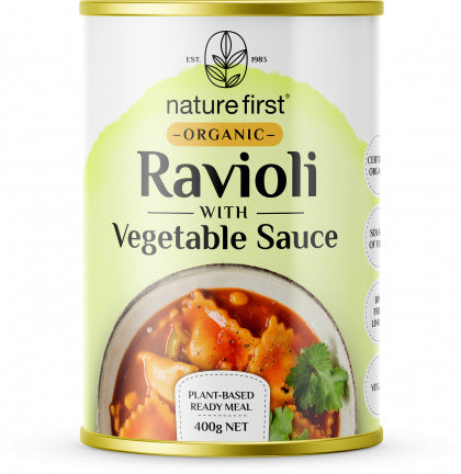 Nature First Organic Ravioli with Vegetable Sauce Plant Based Ready Meal Can 400g