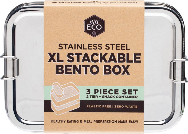 EVER ECO Stainless Steel XL Stackable Bento  2 Tier + Mini Snack Container 1900ml