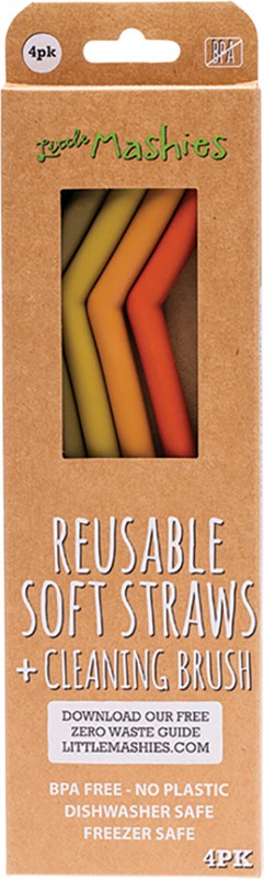 LITTLE MASHIES Reusable Soft Silicone Straws  Earth Tones + Cleaning Brush 4