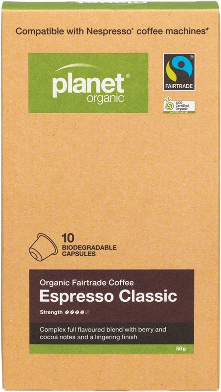 PLANET ORGANIC Coffee Capsules - Biodegradable  Organic - Espresso Classic 10