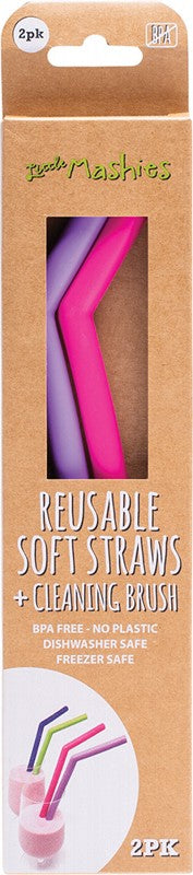 LITTLE MASHIES Reusable Soft Silicone Straws  Pink & Purple + Cleaning Brush 2