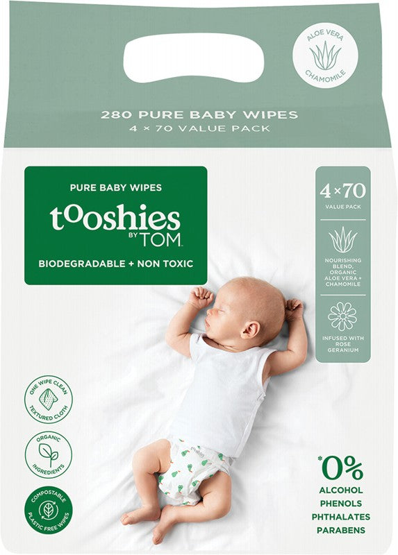 TOOSHIES BY TOM Pure Baby Wipes - Value Pack  Aloe Vera & Chamomile 4x70