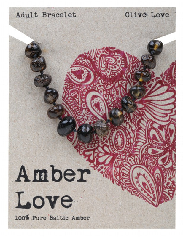 AMBER LOVE Adult's Bracelet  100% Baltic Amber - Olive Love 20cm